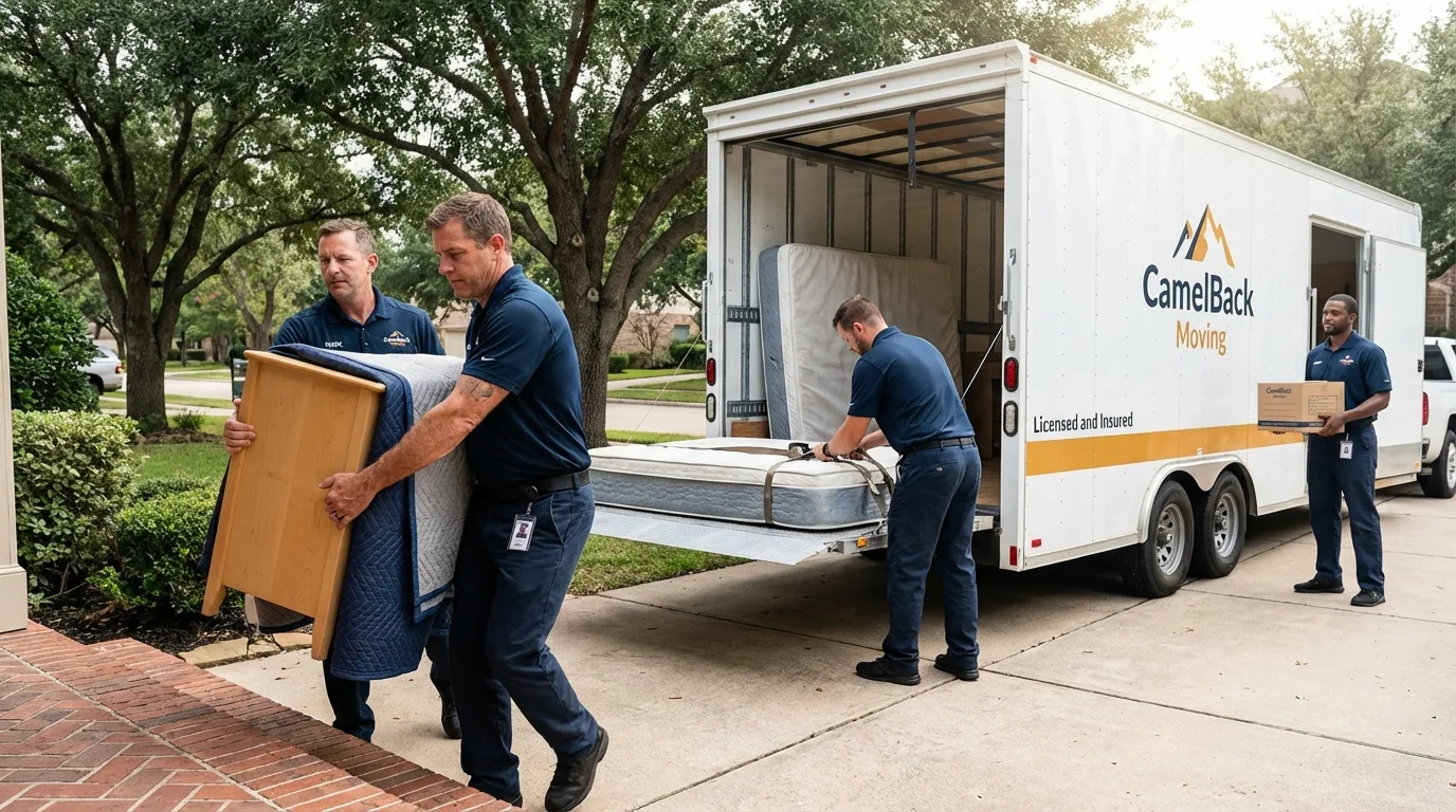 Crew loading residential truck for cross-state move from Iraan, TX