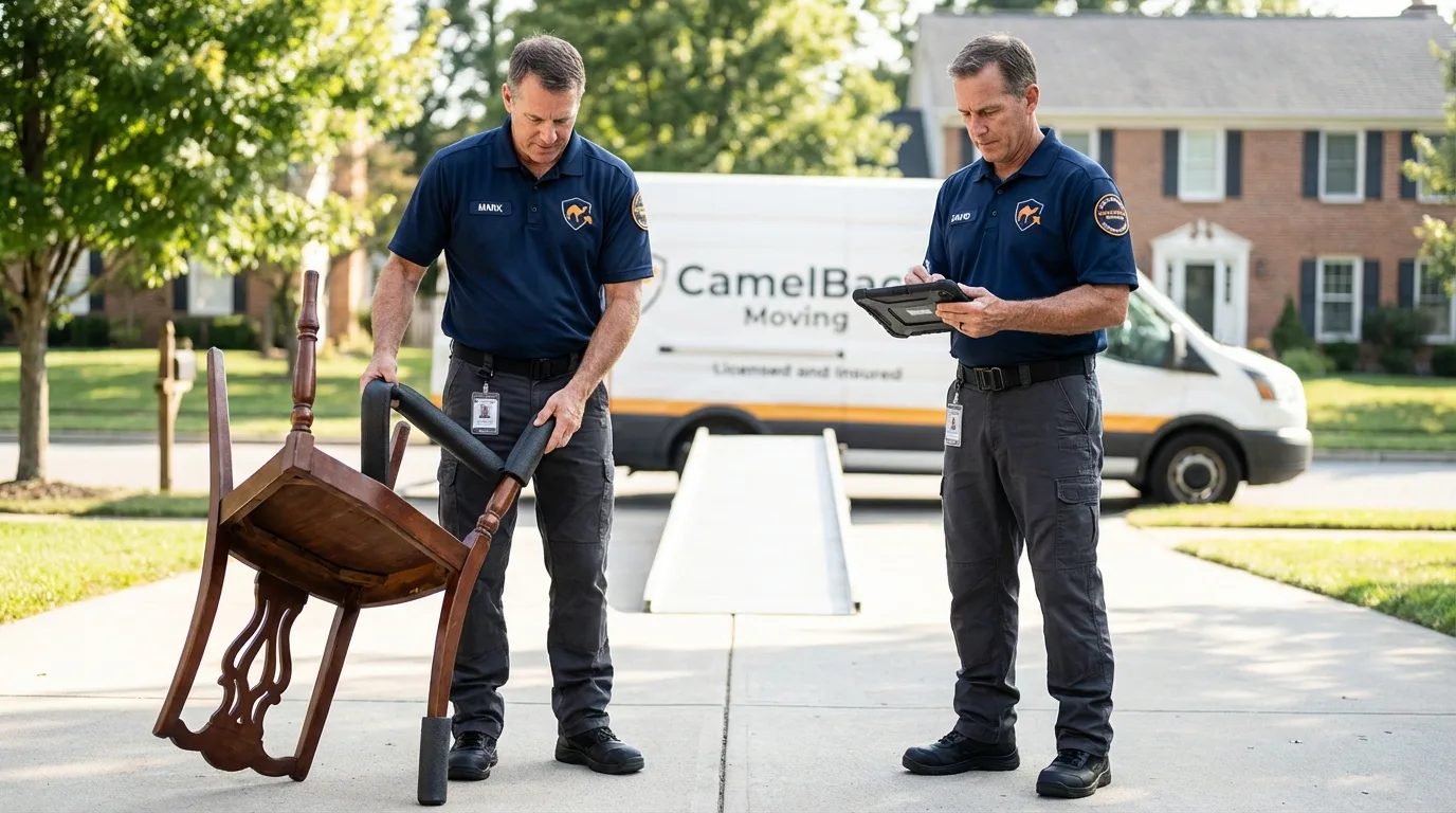 Movers inspecting furniture for damage prevention before loading in Iraan, TX